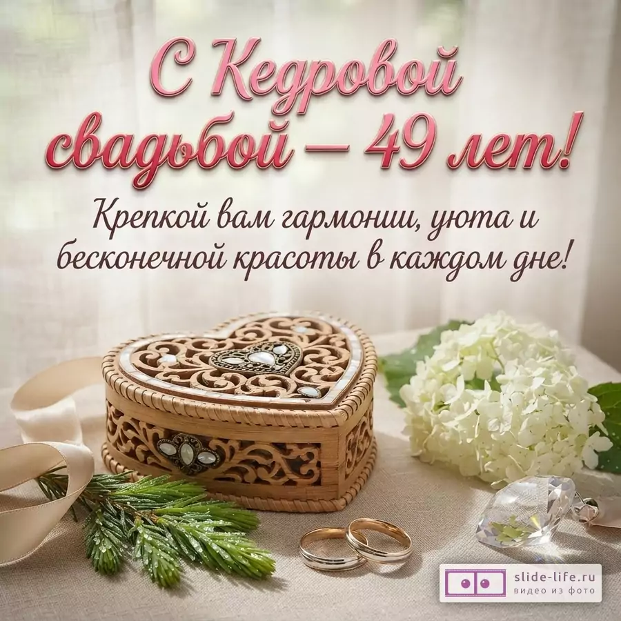 Фон бежевый, на переднем плане шкатулка в форме сердца, еловая ветка, два обручальных кольца, белые цветы. Надпись «С Кедровой свадьбой – 49 лет! Крепкой вам гармонии, уюта и бесконечной красоты в каждом дне!»