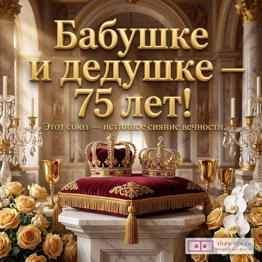 Две золотые короны на бордовой подушке, кремовые розы и текст «Бабушке и дедушке — 75 лет! Этот союз — истинное сияние вечности.» на фоне интерьера дворца.