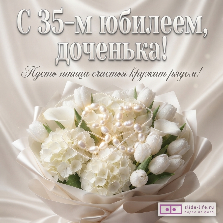 Букет из белых тюльпанов и гортензий с жемчужным ожерельем на шелковом фоне, текст: «С 35-м юбилеем, доченька! Пусть птица счастья кружит рядом!».