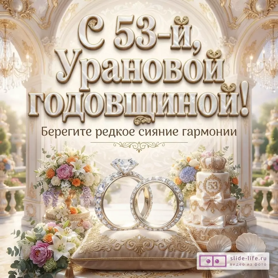 Бежевый фон с золотыми элементами, текст «С 53-й, Урановой годовщиной! Берегите редкое сияние гармонии», два обручальных кольца с бриллиантами на подушке, свадебный торт, цветы, ракушки с жемчугом.