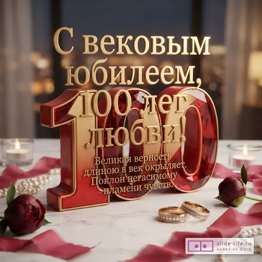 Золотой текст «С вековым юбилеем, 100 лет любви!» на красно-золотых цифрах 100, свечи, кольца, пионы и ленты на мраморном столе