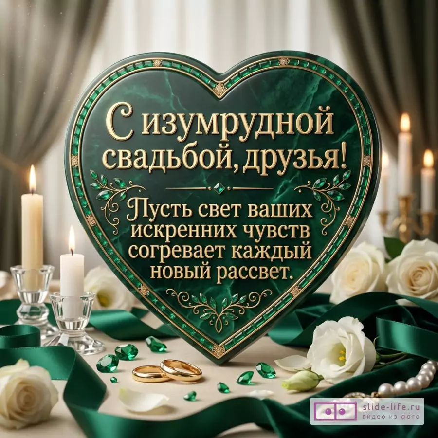 Открытка в форме сердца с зеленым мраморным фоном, золотым декором, свечами, белыми розами, зелеными лентами, кольцами и текстом «С изумрудной свадьбой, друзья! Пусть свет ваших искренних чувств согревает каждый новый рассвет.»