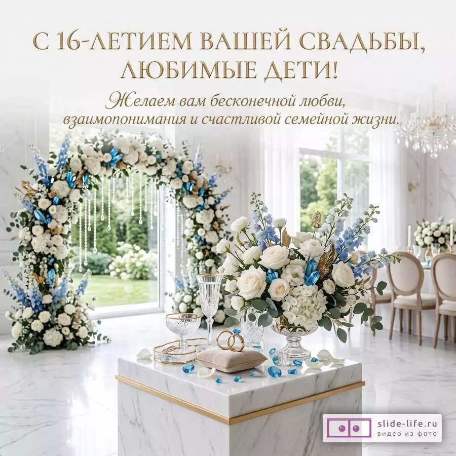 Белый зал, цветочная арка, букет и кольца с голубыми камнями; текст: «С 16-ЛЕТИЕМ ВАШЕЙ СВАДЬБЫ, ЛЮБИМЫЕ ДЕТИ! Желаем вам бесконечной любви, взаимопонимания и счастливой семейной жизни.»