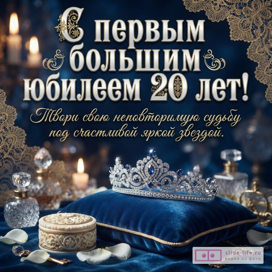 Открытка на темно-синем фоне с золотыми узорами, свечами и флаконами. В центре серебряная корона с синими камнями на синей подушке. Текст: «С первым большим юбилеем 20 лет! Твори свою неповторимую судьбу под счастливой яркой звездой.»