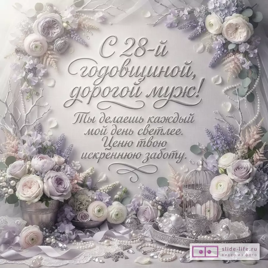 Белый фон, по углам цветочные композиции из сиреневых и белых цветов, веток, жемчуга. В центре текст «С 28-й Годовщиной, дорогой муж! Ты делаешь каждый мой день светлее. Ценю твою искреннюю заботу.»