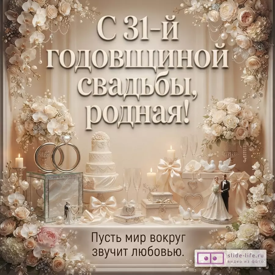 Бежево-золотая открытка с цветочной рамкой, свадебным декором, тортом, кольцами и текстом «С 31-й годовщиной свадьбы, родная! Пусть мир вокруг звучит любовью.»