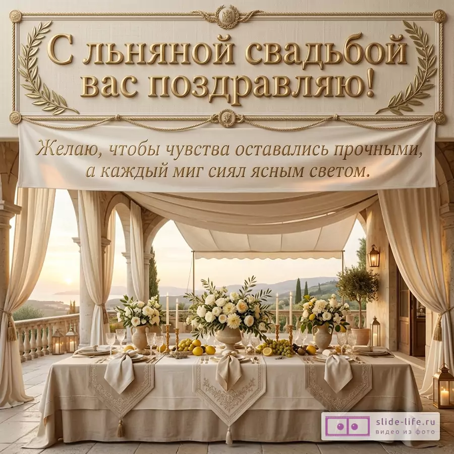 Бежево-золотая открытка с арками, льняной скатертью, праздничным столом, цветочными композициями, драпировками и текстом «С льняной свадьбой вас поздравляю! Желаю, чтобы чувства оставались прочными, а каждый миг сиял ясным светом.»