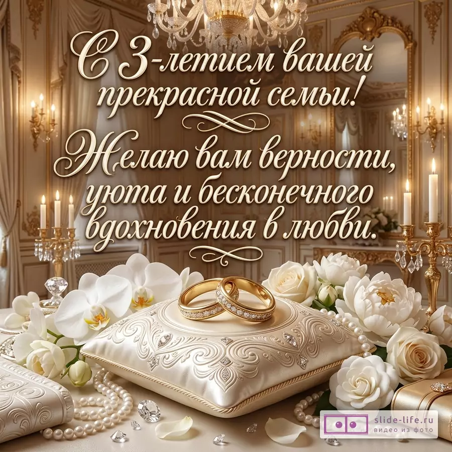 Бежево-золотой зал, люстра, белые цветы, кольца на подушке. Текст «С 3-летием вашей прекрасной семьи! Желаю вам верности, уюта и бесконечного вдохновения в любви.»