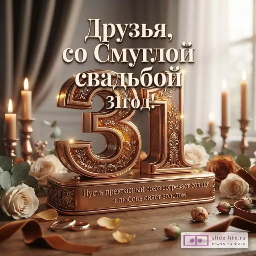 Теплая открытка в бронзово-золотых тонах с цифрой «31», свечами, розами и текстом «Друзья, со Смуглой свадьбой 31 год! Пусть прекрасный союз согревает солнце, а любовь сияет золотом!»