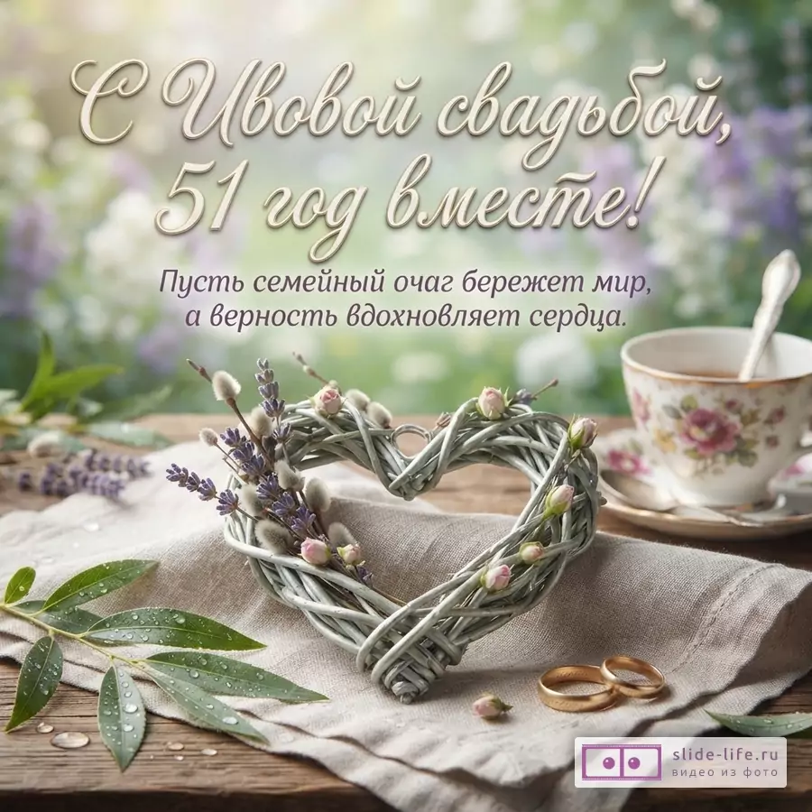Открытка с размытым фоном весеннего сада, на переднем плане деревянный стол, льняная салфетка, плетеное сердце из ивовых прутьев с вербой и розами, два обручальных кольца, чашка чая. Текст: «С Ивовой свадьбой, 51 год вместе! Пусть семейный очаг бережет мир, а верность вдохновляет сердца.»