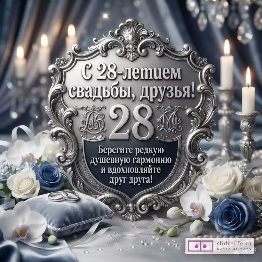 Серебряная рамка с текстом «С 28-летием свадьбы, друзья! Берегите редкую душевную гармонию и вдохновляйте друг друга!», кольца на подушке, белые и синие розы, орхидеи, жемчуг, свечи на сером фоне.