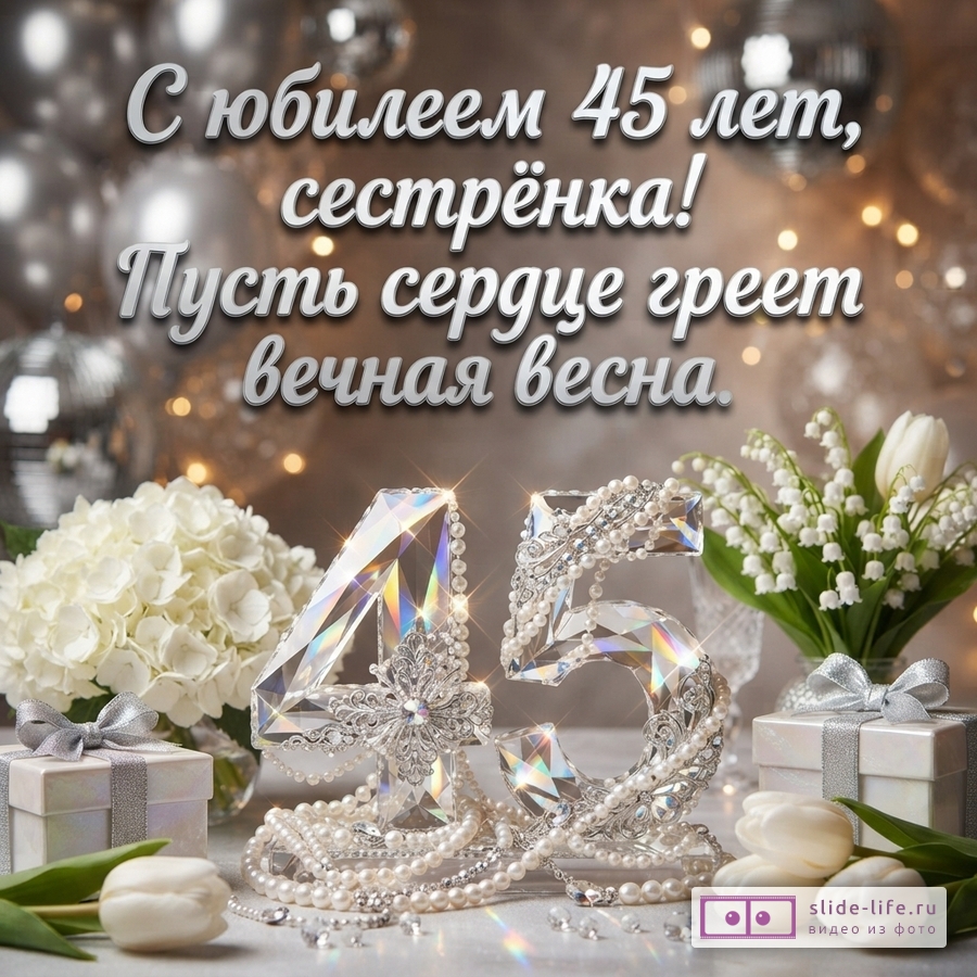 Фон с размытыми серебристыми шарами и огоньками. В центре композиции цифры «45» из прозрачных кристаллов, украшенные жемчугом и стразами. Слева букет белых гортензий, справа букет ландышей и белые тюльпаны. Внизу две подарочные коробки с серебристыми бантами. Текст: «С юбилеем 45 лет, сестрёнка! Пусть сердце греет вечная весна.»