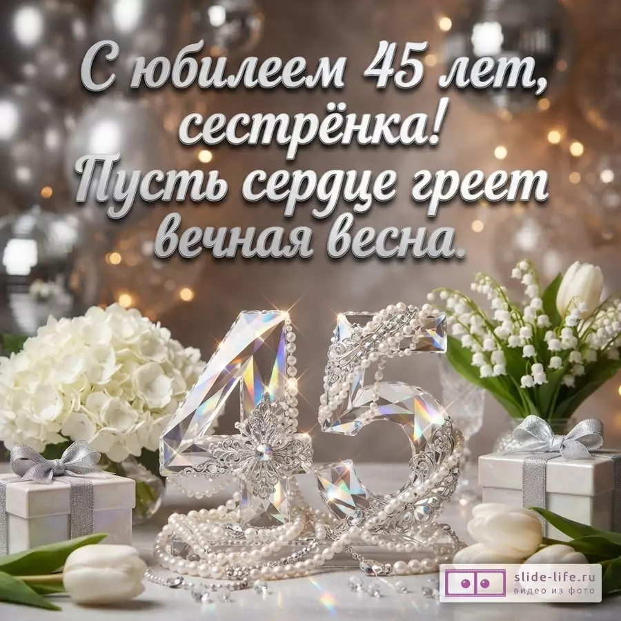 Фон с размытыми серебристыми шарами и огоньками. В центре композиции цифры «45» из прозрачных кристаллов, украшенные жемчугом и стразами. Слева букет белых гортензий, справа букет ландышей и белые тюльпаны. Внизу две подарочные коробки с серебристыми бантами. Текст: «С юбилеем 45 лет, сестрёнка! Пусть сердце греет вечная весна.»