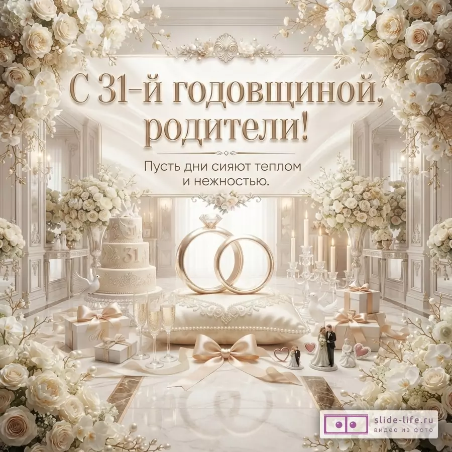 Бежево-белая свадебная композиция с цветами, свечами, кольцами, тортом, подарками и текстом «С 31-й годовщиной, родители! Пусть дни сияют теплом и нежностью.»