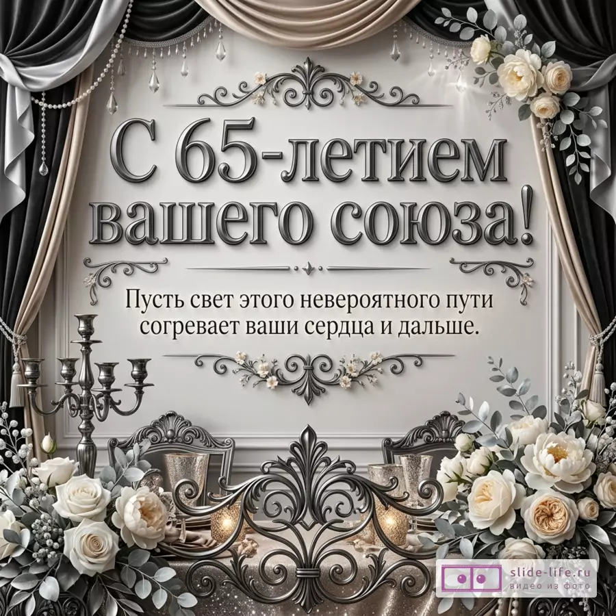 Серебристо-бежевый фон с драпировками, цветами, свечами, декоративными узорами и текстом «С 65-летием вашего союза! Пусть свет этого невероятного пути согревает ваши сердца и дальше.»