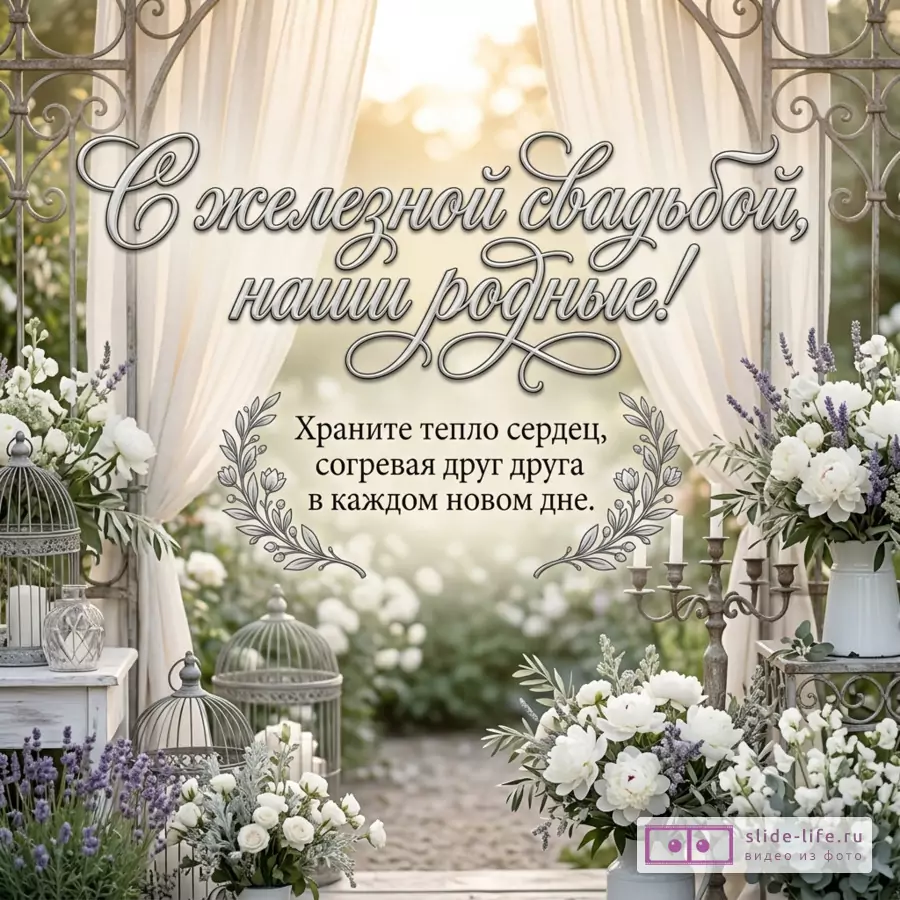 Открытка с кованой аркой, светлыми шторами, белыми и сиреневыми цветами, клетками и подсвечниками, текст «С железной свадьбой, наши родные! Храните тепло сердец, согревая друг друга в каждом новом дне.»