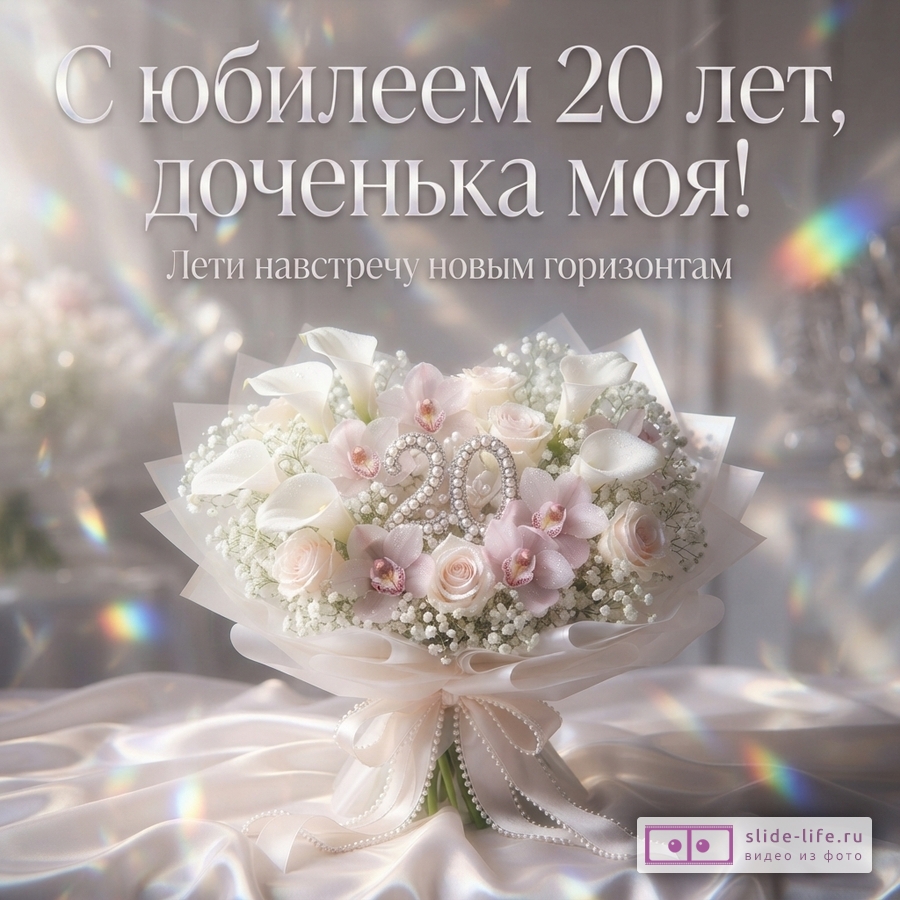 Серый перламутровый фон, букет белых и розовых цветов, число 20 из жемчуга, текст «С юбилеем 20 лет, доченька моя! Лети навстречу новым горизонтам»