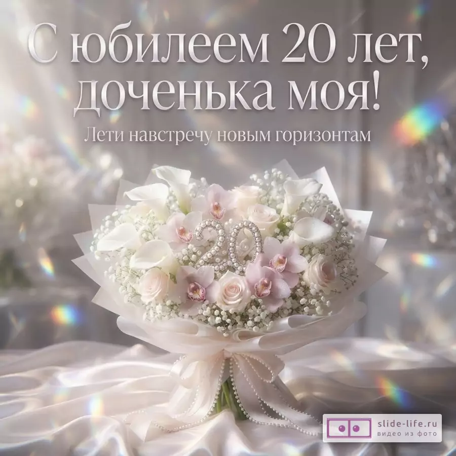 Серый перламутровый фон, букет белых и розовых цветов, число 20 из жемчуга, текст «С юбилеем 20 лет, доченька моя! Лети навстречу новым горизонтам»