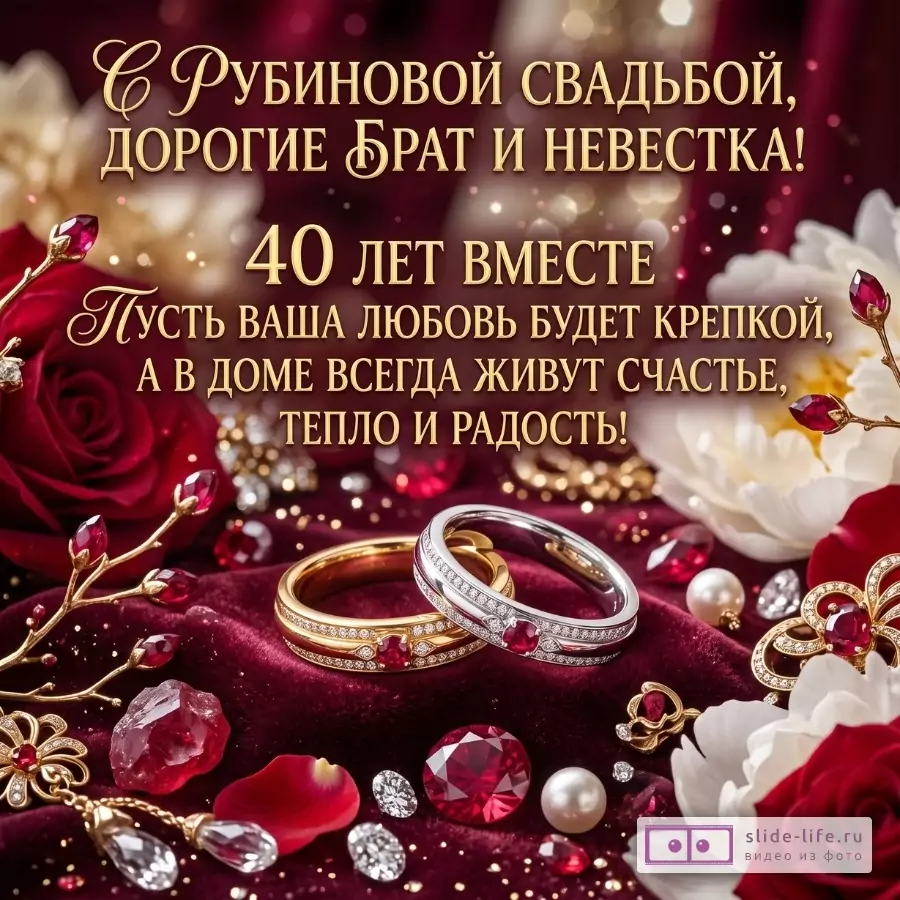 Бордовый бархат, белые и красные розы, кольца с рубинами и камни. Текст: «С Рубиновой свадьбой, дорогие брат и невестка! 40 лет вместе. Пусть ваша любовь...»