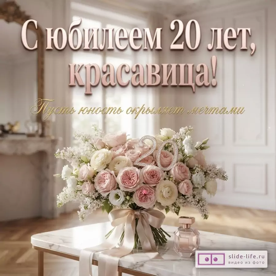 Букет пудровых роз с цифрой 20 и духами на мраморном столе, надпись «С юбилеем 20 лет, красавица! Пусть юность окрыляет мечтами»