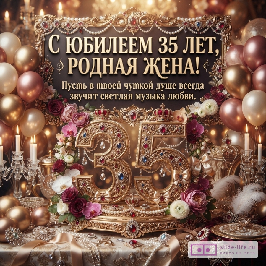 Золотая рамка с надписью, цифра 35, цветы, шары, свечи, украшения. Фон темный, золотистый. Текст: «С юбилеем 35 лет, родная жена! Пусть в твоей чуткой душе всегда звучит светлая музыка любви.»