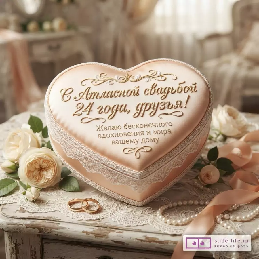 Шкатулка в форме сердца из атласа персикового цвета с кружевом, розами, обручальными кольцами и текстом «С Атласной свадьбой 24 года, друзья! Желаю бесконечного вдохновения и мира вашему дому».
