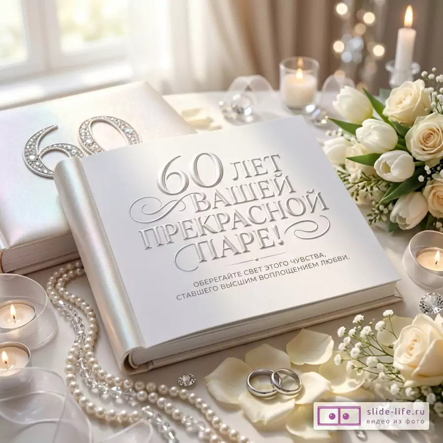 Белая открытка или альбом на светлом столе, серебристая надпись «60 ЛЕТ ВАШЕЙ ПРЕКРАСНОЙ ПАРЕ! ОБЕРЕГАЙТЕ СВЕТ ЭТОГО ЧУВСТВА, СТАВШЕГО ВЫСШИМ ВОПЛОЩЕНИЕМ ЛЮБВИ.», свечи, белые розы, тюльпаны, кольца, жемчуг