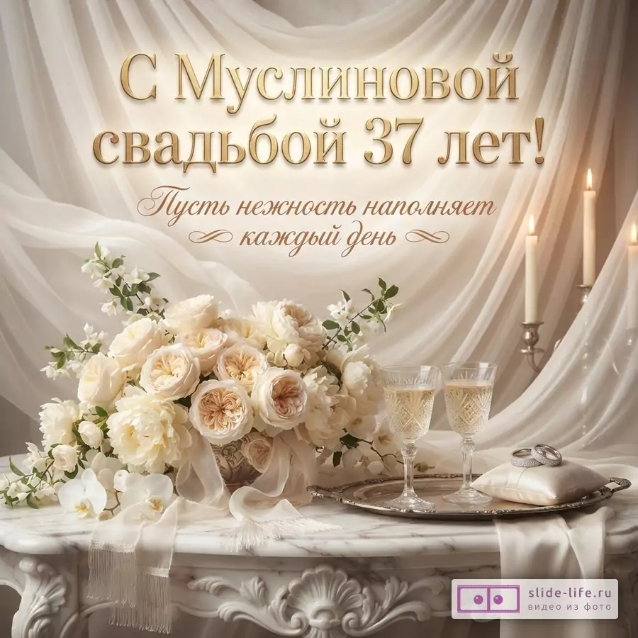 Бежевый фон, белые шторы, букет белых роз, два бокала шампанского, обручальные кольца. Текст: «С Муслиновой свадьбой 37 лет! Пусть нежность наполняет каждый день»