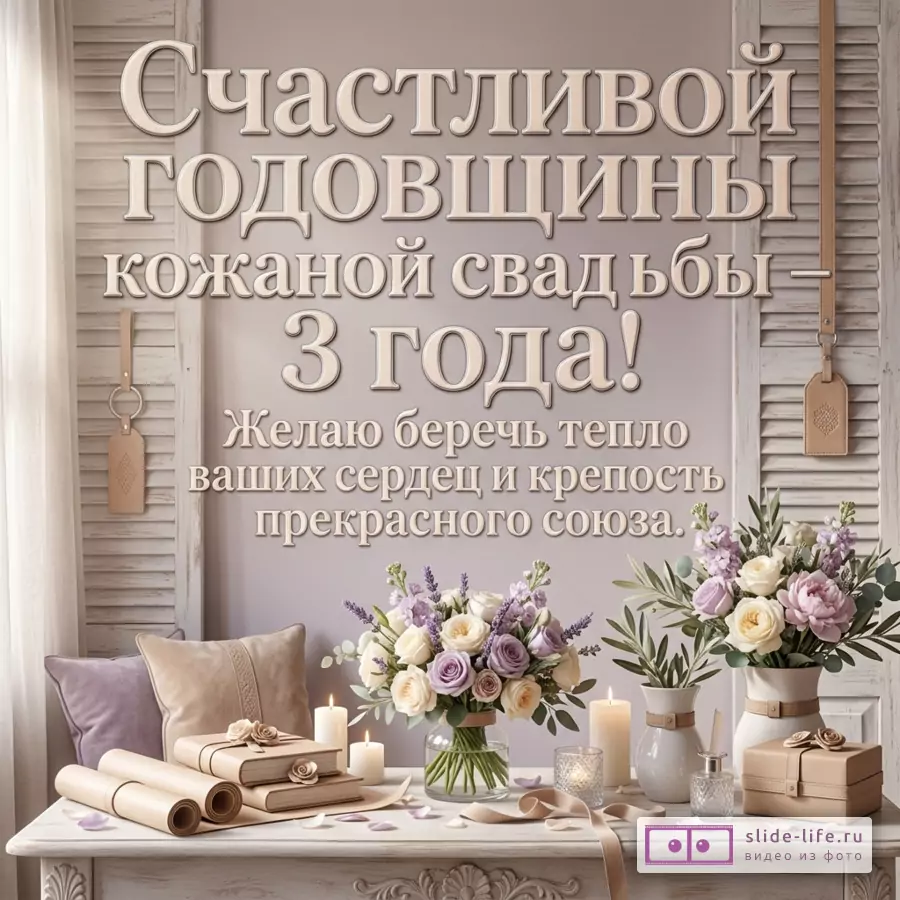 Бежево-пудровая открытка с деревянными ставнями, цветами, свечами, лентами и подарками. Текст: «Счастливой годовщины кожаной свадьбы — 3 года! Желаю беречь тепло ваших сердец и крепость прекрасного союза.»
