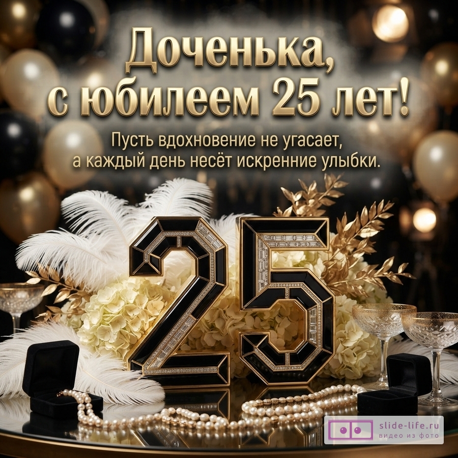 Золотой текст «Доченька, с юбилеем 25 лет! Пусть вдохновение не угасает, а каждый день несёт искренние улыбки.» на черно-золотом фоне с шарами, цветами и цифрами 25