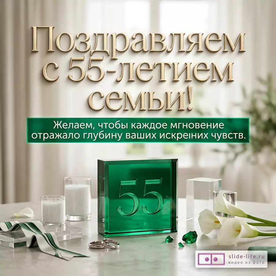 Светлый бежевый фон, золотой текст «Поздравляем с 55-летием семьи!», зеленая плашка с текстом «Желаем, чтобы каждое мгновение отражало глубину ваших искренних чувств.», стеклянный куб с числом 55, белые свечи, кольца, белые каллы, зеленая лента
