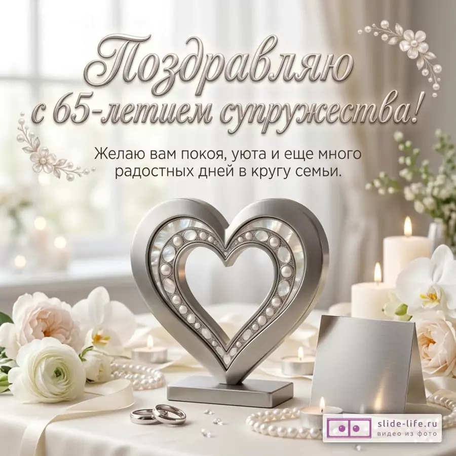 Светлая открытка с серебристым сердцем, свечами, белыми цветами, жемчугом и кольцами на светлом фоне, текст «Поздравляю с 65-летием супружества! Желаю вам покоя, уюта и еще много радостных дней в кругу семьи.»