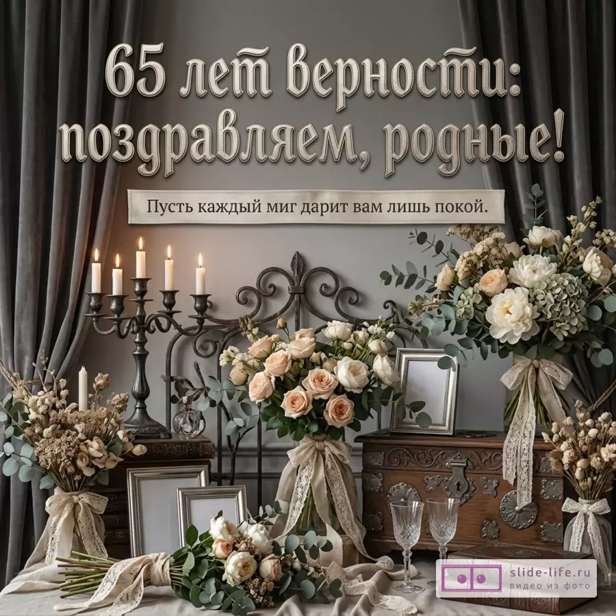 Серая открытка с темными шторами, свечами, букетами кремовых и белых цветов, рамками, сундуком и книгами, текст «65 лет верности: поздравляем, родные! Пусть каждый миг дарит вам лишь покой.»