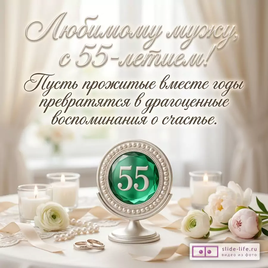 Открытка с текстом «Любимому мужу, с 55-летием! Пусть прожитые вместе годы превратятся в драгоценные воспоминания о счастье.» Бежево-белый фон, зеленый медальон «55», свечи, белые цветы, жемчуг, кольца, ленты