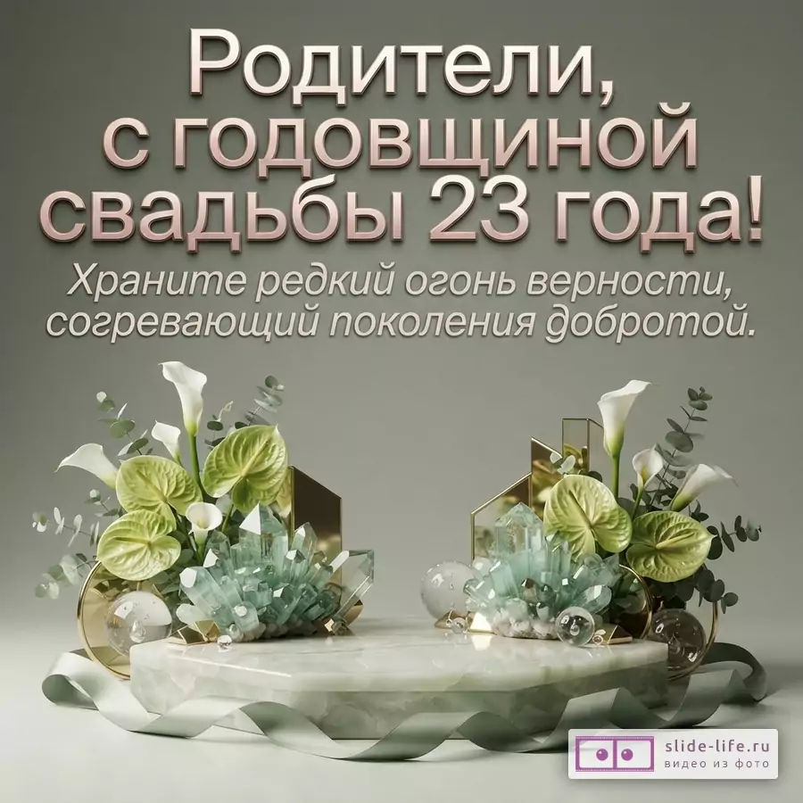 Серо-зелёный фон, бело-зелёные цветы, берилловые кристаллы и ленты, текст «Родители, с годовщиной свадьбы 23 года! Храните редкий огонь верности, согревающий поколения добротой.»