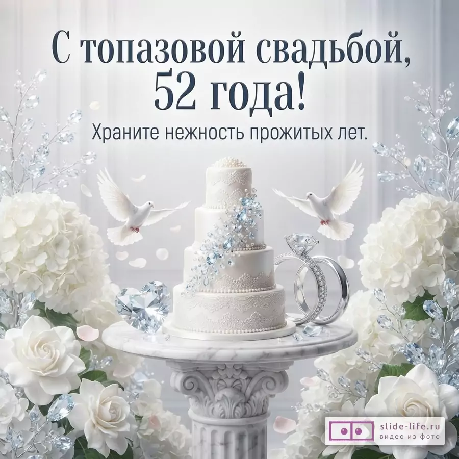 Белый фон, свадебный торт с голубыми и белыми украшениями, два белых голубя, два обручальных кольца с бриллиантами, белые цветы, кристаллы. Текст: «С топазовой свадьбой, 52 года! Храните нежность прожитых лет.»