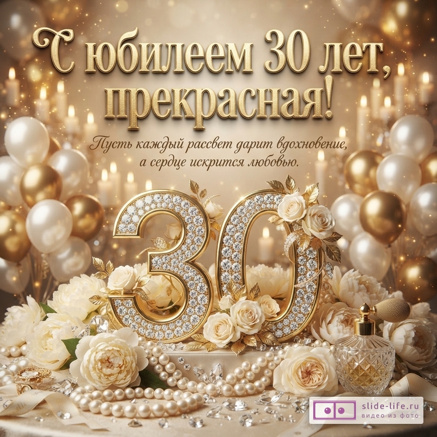 Инкрустированная кристаллами цифра 30 в цветах, жемчуге и золотых шарах с надписью «С юбилеем 30 лет, прекрасная! Пусть каждый рассвет дарит вдохновение, а сердце искрится любовью.»