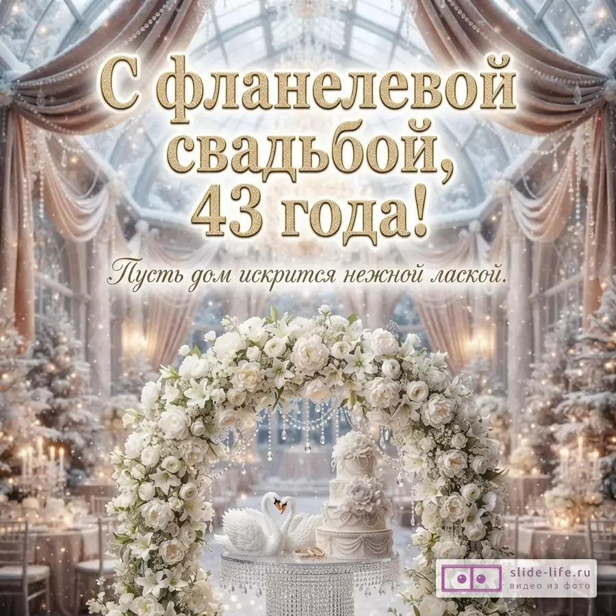 Открытка с бежевым фоном, золотистым текстом, аркой из белых цветов, лебедями и свадебным тортом. Текст: «С фланелевой свадьбой, 43 года! Пусть дом искрится нежной лаской.»
