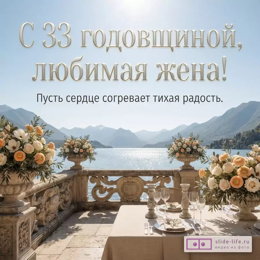 Открытка с видом на озеро и горы, на переднем плане сервированный стол и цветочные композиции, фон голубое небо. Текст: «С 33 годовщиной, любимая жена! Пусть сердце согревает тихая радость.»