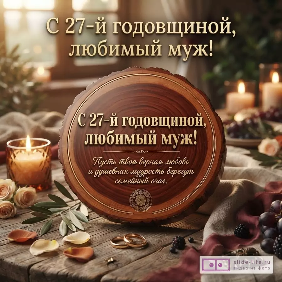 Деревянный спил на фоне свечей и ягод, текст «С 27-й годовщиной, любимый муж! Пусть твоя верная любовь и душевная мудрость берегут семейный очаг.»