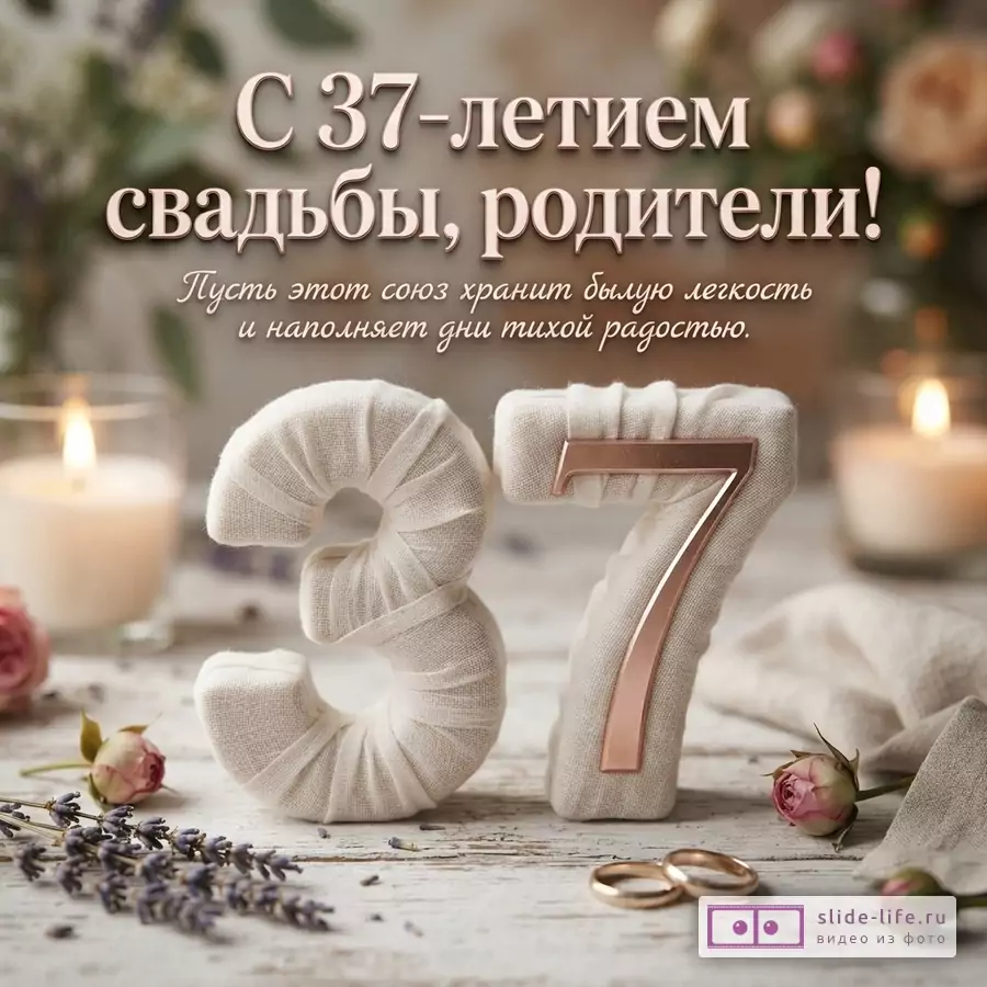 Бежевый фон, свечи, цветы лаванды и пионов, два золотых кольца. Текст: «С 37-летием свадьбы, родители! Пусть этот союз хранит былую легкость и наполняет дни тихой радостью»