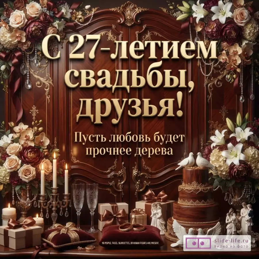 Фон из темного дерева с золотыми узорами. По углам цветочные композиции из роз, лилий и орхидей. Внизу свечи, бокалы, подарки, подушечка с кольцами, свадебный торт, фигурки голубей. Текст: «С 27-летием свадьбы, друзья! Пусть любовь будет прочнее дерева»