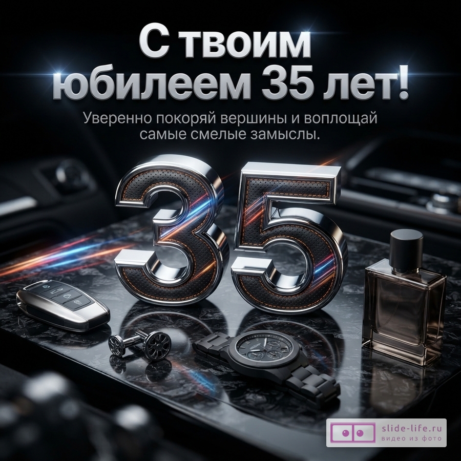 Объемная цифра 35, наручные часы, ключ от машины, флакон парфюма и запонки на темном фоне с надписью: «С твоим юбилеем 35 лет! Уверенно покоряй вершины и воплощай самые смелые замыслы.»