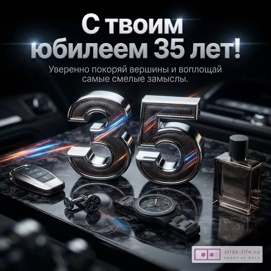 Объемная цифра 35, наручные часы, ключ от машины, флакон парфюма и запонки на темном фоне с надписью: «С твоим юбилеем 35 лет! Уверенно покоряй вершины и воплощай самые смелые замыслы.»