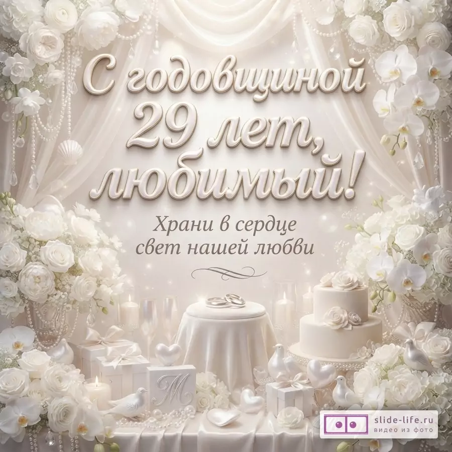 Бежевый фон, белые цветы, жемчуг, свечи, свадебный торт, кольца. Текст: «С годовщиной 29 лет, любимый! Храни в сердце свет нашей любви.»