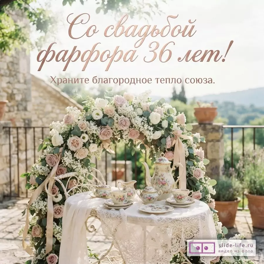 Светлый фон, арка из белых и розовых цветов, белый столик с фарфоровым сервизом. Текст: «Со свадьбой фарфора 36 лет! Храните благородное тепло союза.»