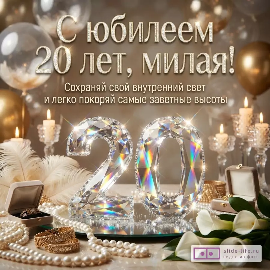 Хрустальная цифра 20, жемчуг, свечи, белые каллы и надпись: «С юбилеем 20 лет, милая! Сохраняй свой внутренний свет и легко покоряй самые заветные высоты».