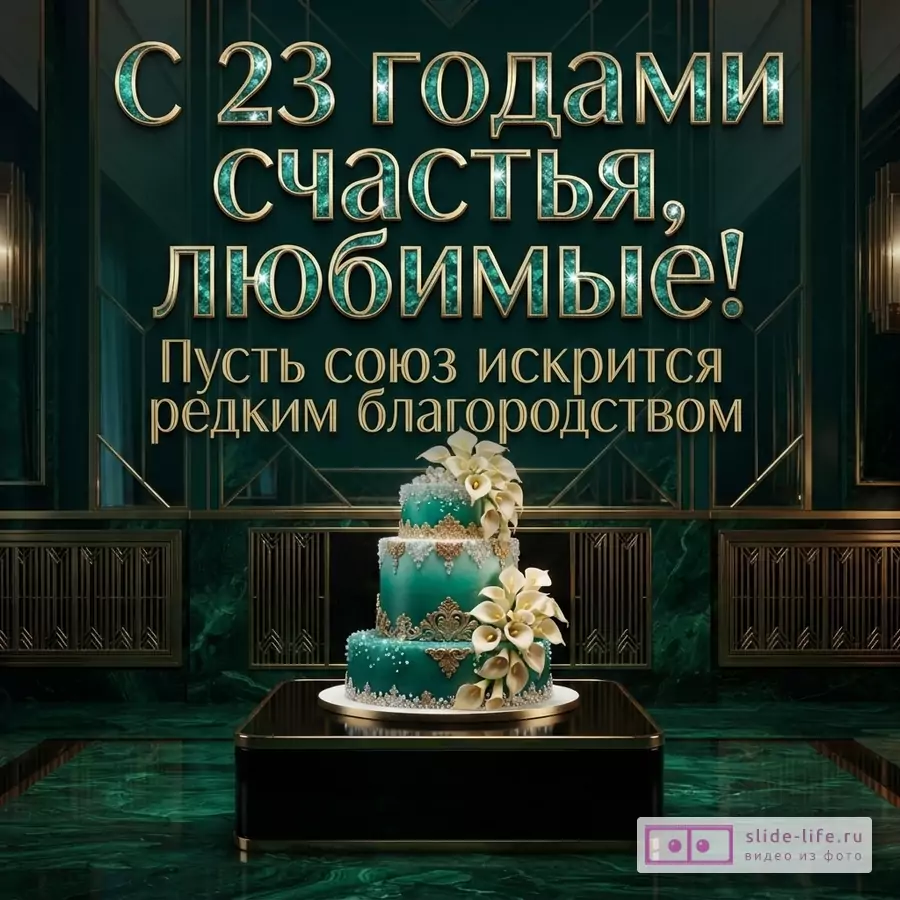 Ярусный зеленый торт с золотым декором и каллами на темном изумрудном фоне, надпись «С 23 годами счастья, любимые! Пусть союз искрится редким благородством».