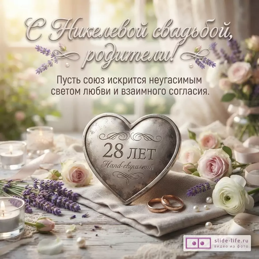 Открытка с Никелевой свадьбой, фон светлый, текст «С Никелевой свадьбой, родители! Пусть союз искрится неугасимым светом любви и взаимного согласия.», на переднем плане металлическое сердце с надписью «28 ЛЕТ», обручальные кольца, лаванда, розы, свечи.
