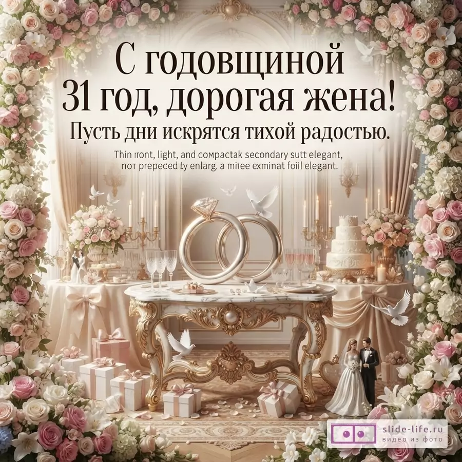 Текст «С годовщиной 31 год, дорогая жена! Пусть дни искрятся тихой радостью.» на светлом фоне, цветочная арка, розы, кольца, свадебный зал, подарки, голуби